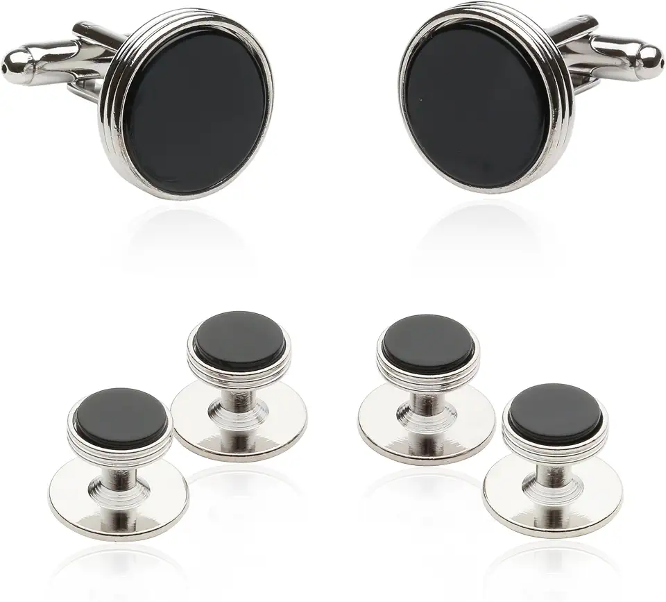 Men's Tuxedo Cufflinks and Studs Set – Genuine Black Onyx & Silver Tone Formal Jewelry – Wedding, Black Tie, Gala & Formal Dinner Accessories – Groomsmen Gift in Presentation Box
