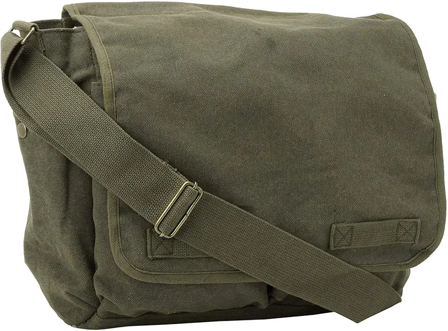 ARMYU Olive Green Original Heavyweight Cotton Canvas Classic Heavyweight Military Messenger Bag + Streamer