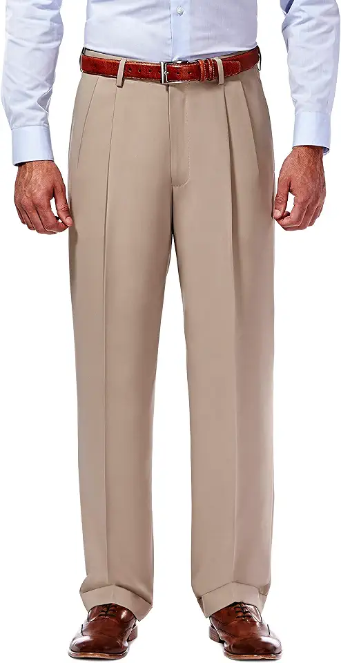 Haggar Men’s Hidden Expandable Waistband Classic Fit Pleated Front Gabardine Dress Pant