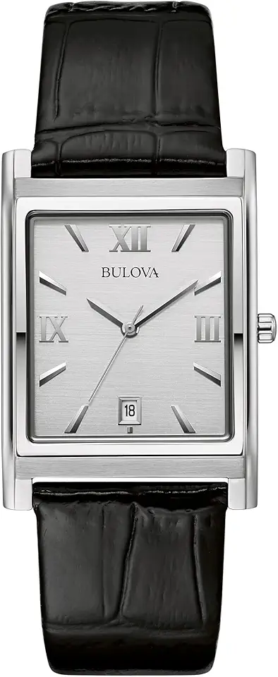 Bulova Men's Stainless Steel 3-Hand Calendar Date Quartz Watch with Black Leather Strap, Rectangle Dial Style: 96B107