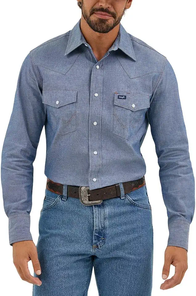 Wrangler Men's Cowboy Cut Western Long Sleeve Snap Work Shirt Washed Finish