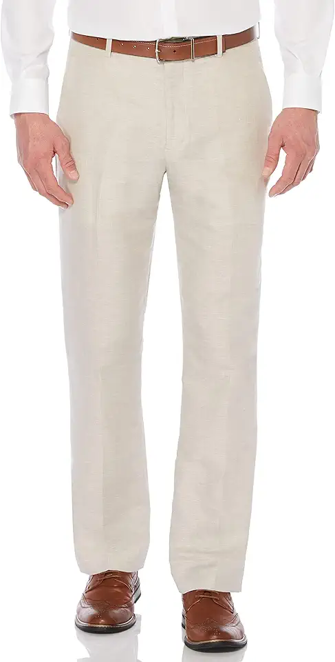 Perry Ellis Men's Linen Blend Dress Pants, Flat Front, Durable Twill, Regular Fit, Breathable & Lightweight