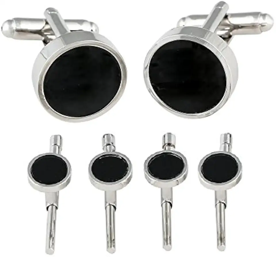 Mens Black Onyx Spring-Back Tuxedo Cufflinks Studs Formal Set with Presentation Gift Box