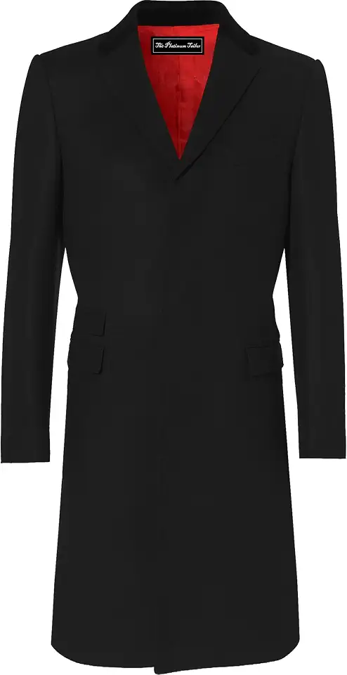 Men's Black 70% Wool Covert Overcoat, Velvet Collar, Red Satin Lining