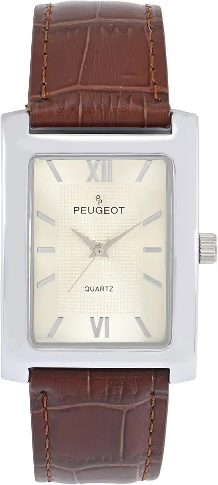 Peugeot Men's Rectangular Roman Numeral Classic Dress Watch Leather Strap