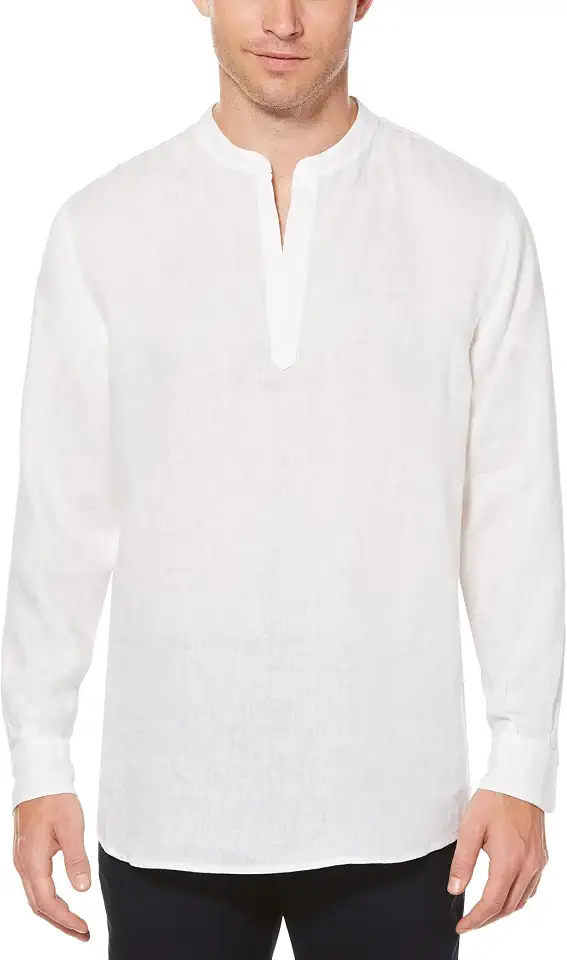 Perry Ellis Men’s Long Sleeve 100% Linen Popover Shirt with Banded Collar, Solid Lightweight & Breathable Fabric, Versatile