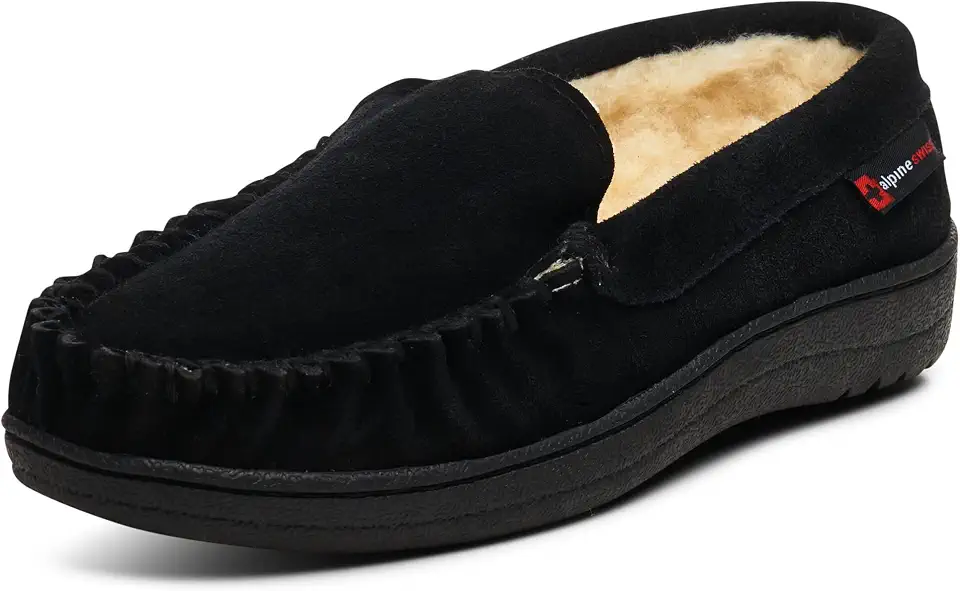 Alpine Swiss Men’s Moccasin Slippers Genuine Suede Slip-On House Shoes Memory Foam Insoles Plush Faux Shearling Lining Comfortable Indoor Outdoor Slipper with Anti-Slip Rubber Sole