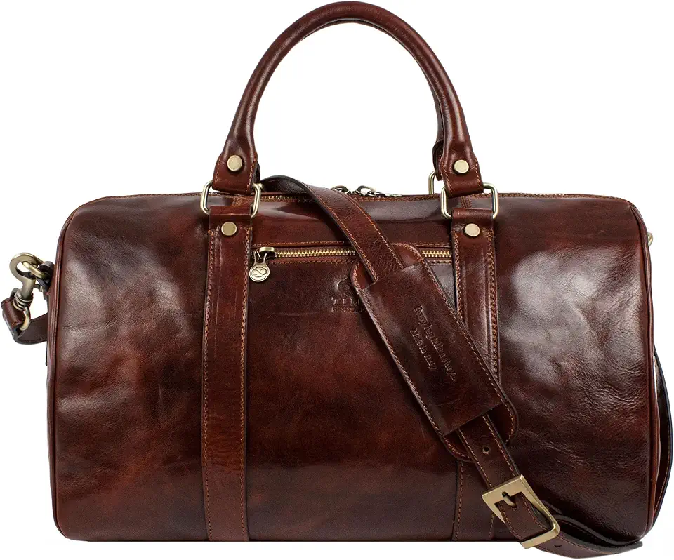 Time Resistance Full Grain Leather Small Duffel Bag - Gym Weekender Overnight Bag (Brown)