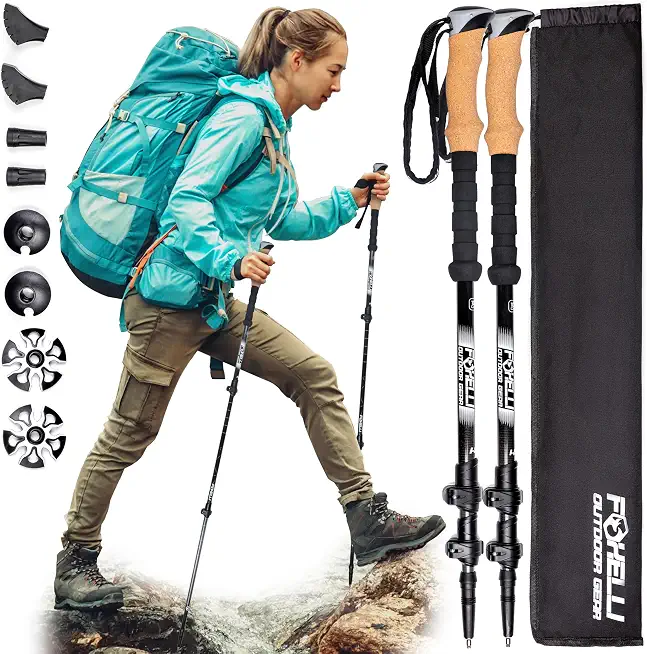 Foxelli Carbon Fiber Trekking Poles – Lightweight Collapsible Hiking Poles with Cork Grips, Quick Flip Locks & All-Terrain Accessories – Adjustable Height Hiking Sticks for Men & Women