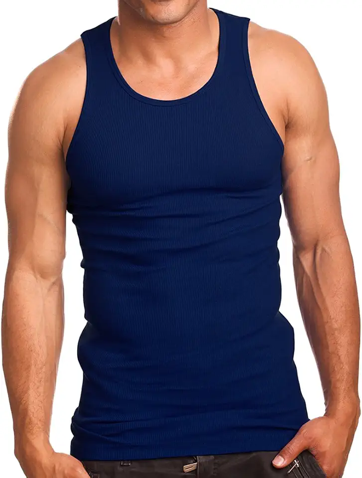 Men's Blue Ribbed Cotton Tank Top