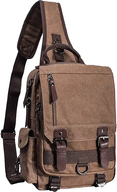 Men's Brown Canvas Backpack With Leather Trim