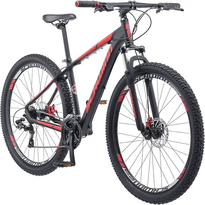 Schwinn Bonafide Men and Women Mountain Bike, Front Suspension, 24-Speed, 29-Inch Wheels, 17-Inch Aluminum Frame, Matte Black/Red