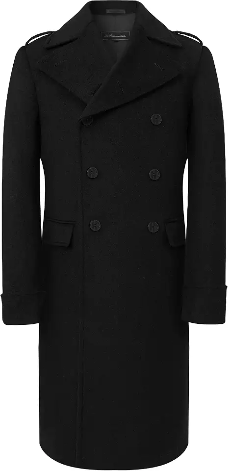 Men's Black Wool & Cashmere Greatcoat, Double Breasted Military Overcoat