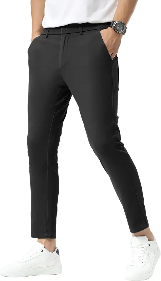 Plaid&Plain Men's Khaki Pants Slim Fit Stretch Cropped Chino Skinny Pants
