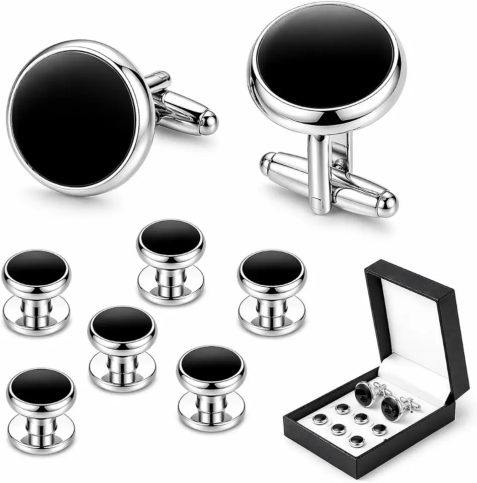 Men's Cufflinks & Tuxedo Studs Set - 316L Stainless Steel Formal Wedding Jewelry, Groomsmen Gift Set with Gift Box