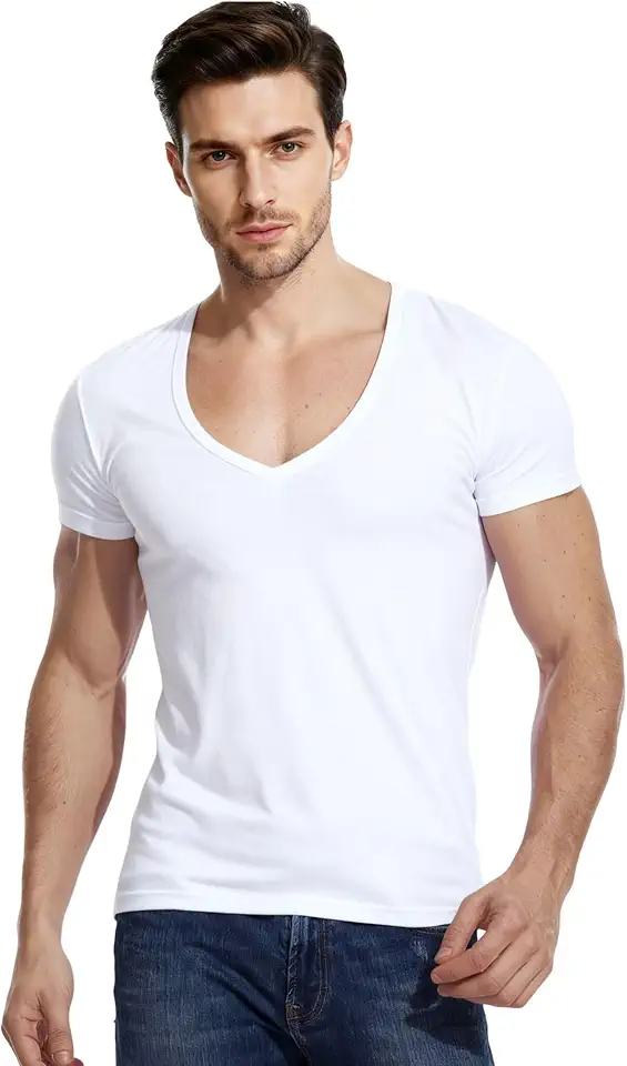Men's White Short Sleeve V Neck T Shirt