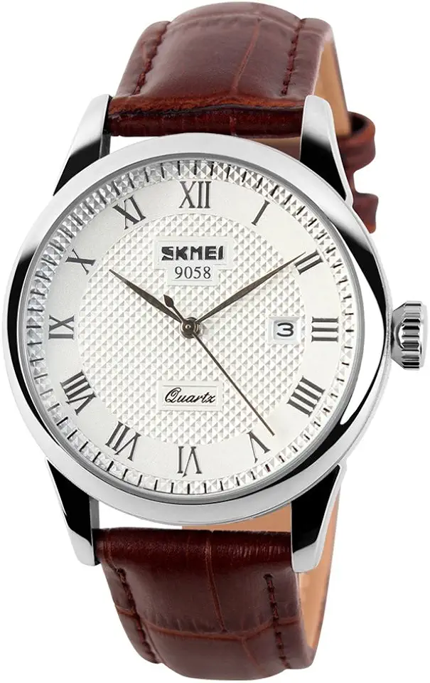 Men's Classic Silver Analog Watch With Brown Leather Strap