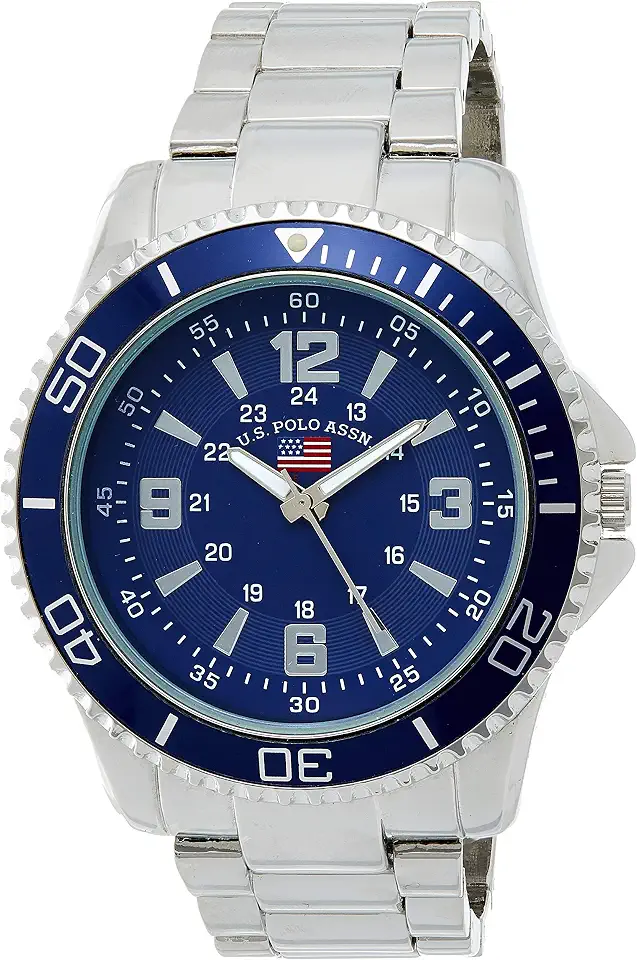 U.S. Polo Assn. Men’s Stainless Steel Analog Watch with Blue Dial, Luminous Hands, Fixed Bezel, Removable Link Bracelet, Classic Sport Design, Fits Wrist Sizes 5.5" to 8" Adjustable