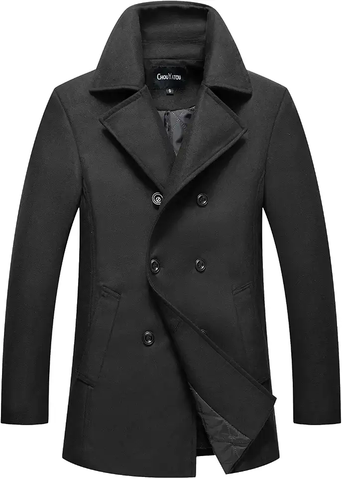 chouyatou Men's Classic Notched Collar Double Breasted Wool Blend Pea Coat