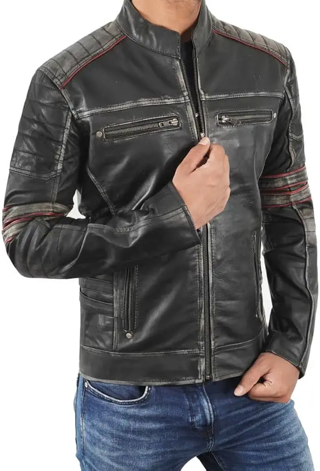Men's Distressed Black Leather Biker Jacket