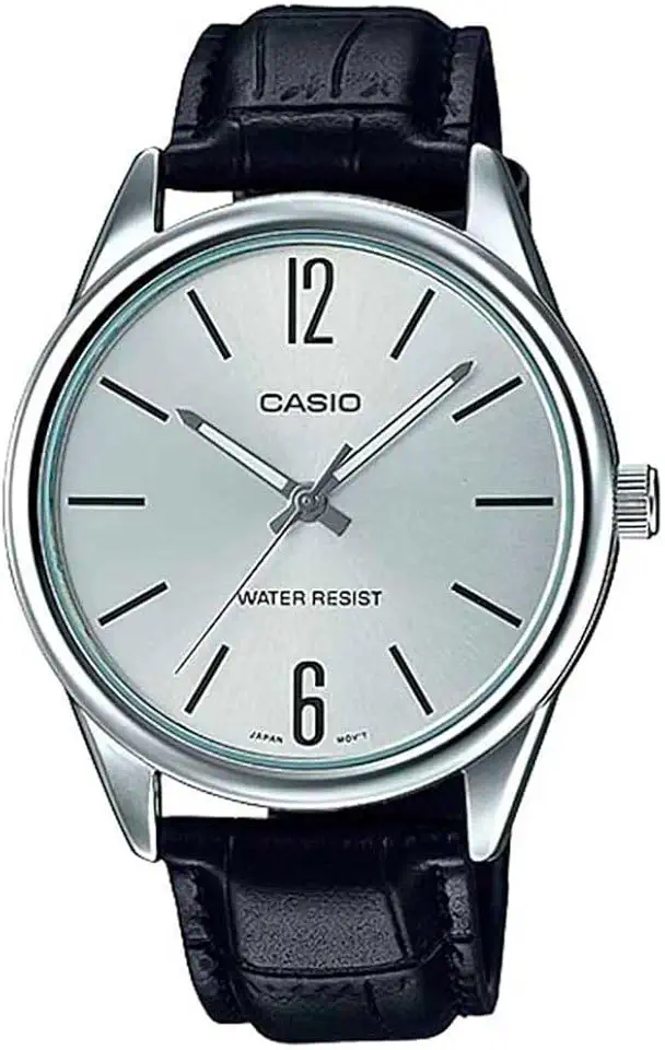 Casio #MTP-V005L-7B Men's Standard Analog Black Leather Band Silver Dial Watch
