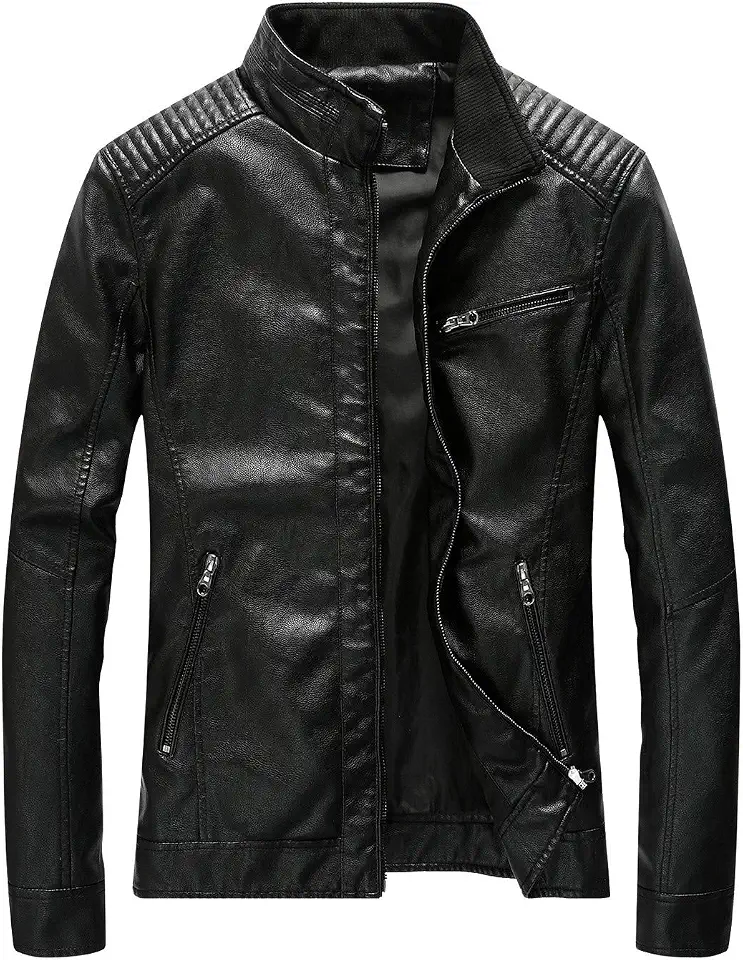 Leather Jacket Men Black Slim Fit Motorcyle Lightweight