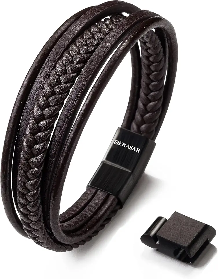 SERASAR Men's Leather Bracelet [Braid], Black & Brown, Various Lengths