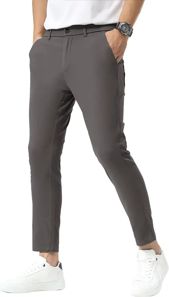 Plaid&Plain Men's Khaki Pants Slim Fit Stretch Cropped Chino Skinny Pants