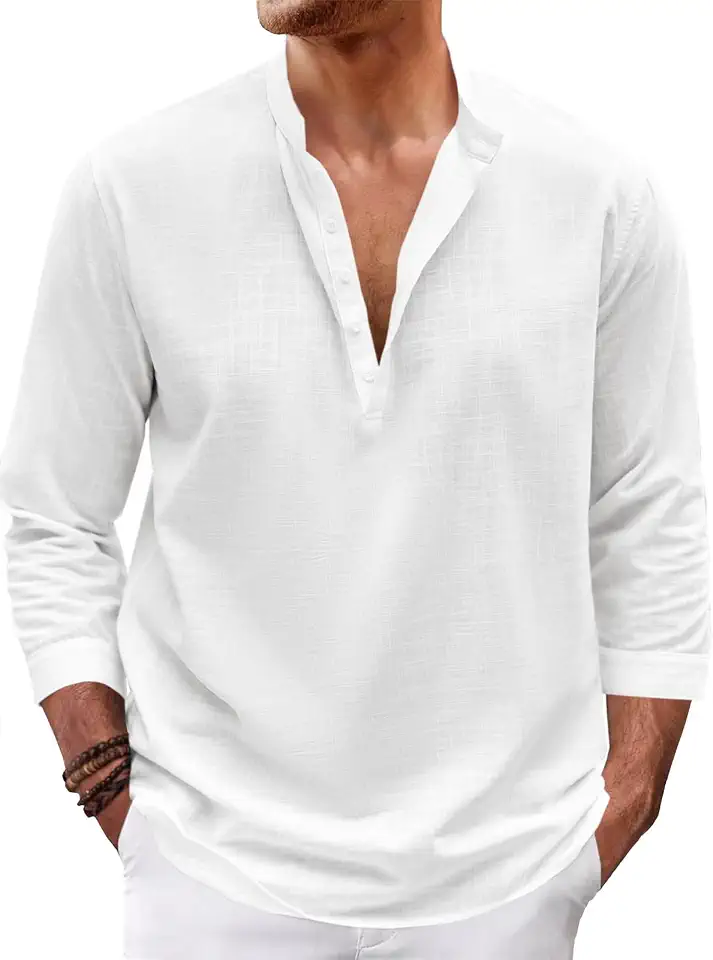 Karlywindow Mens Linen Henley Shirt Long Sleeve Summer Beach Casual T-Shirt