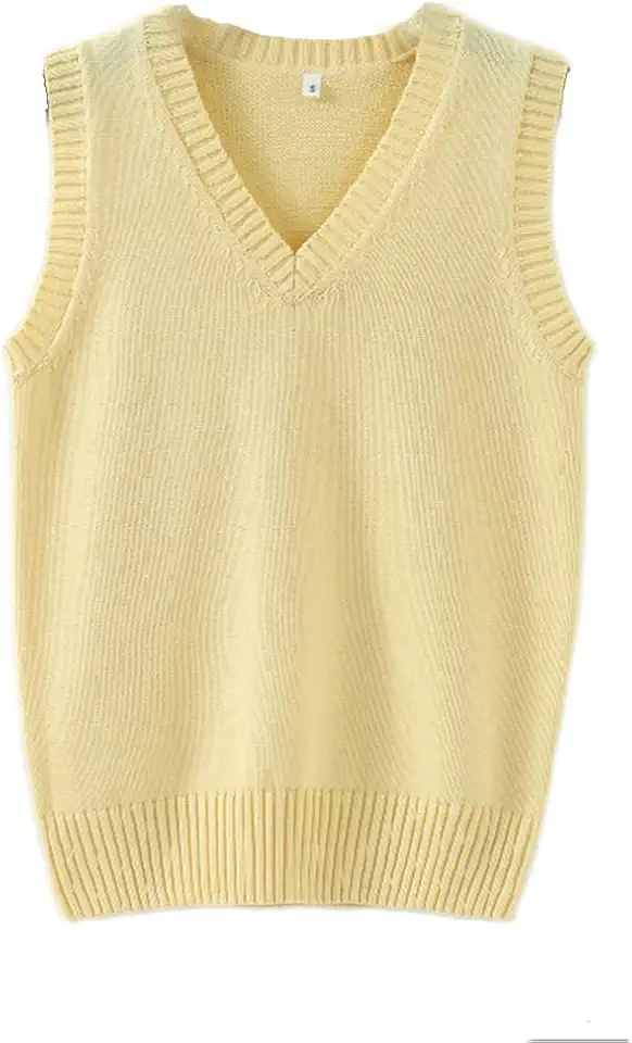 Men Women Knitted Cotton V-Neck Vest JK Uniform Pullover Sleeveless Sweater School Cardigan Yellow