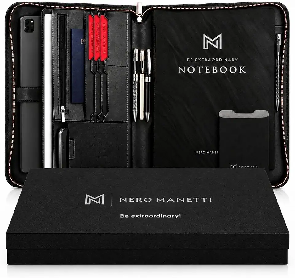 NERO MANETTI Zippered Leather Portfolio Folder, Padfolio for Men & Women