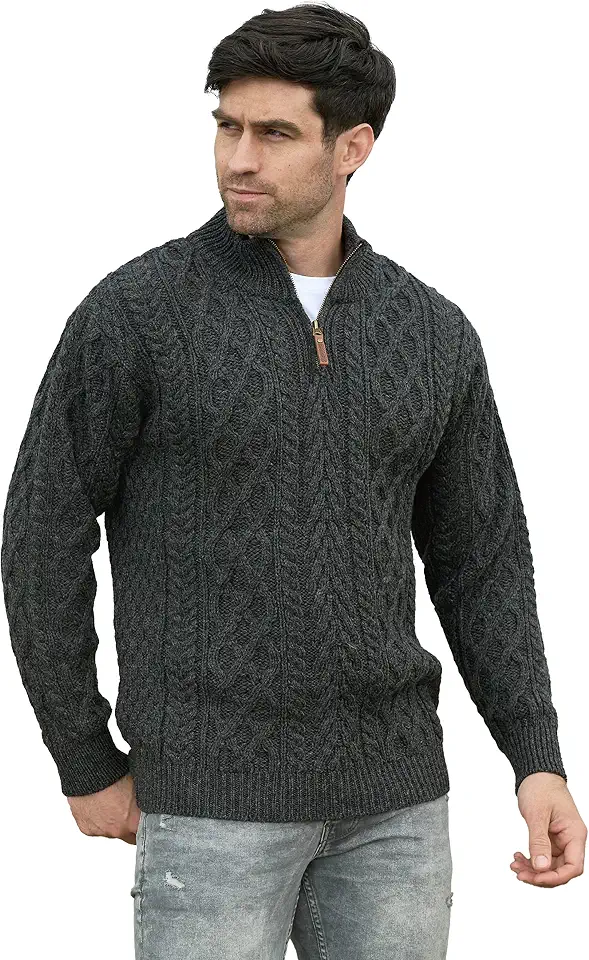 Aran Crafts Men's Irish Soft Cable Knitted Zip Neck Jacket (100% Merino Wool)