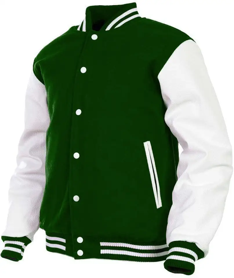 Deckra Men's Varsity Jacket Genuine Leather Sleeve and Wool Blend Letterman Boys College Varsity Jackets XS-5XL