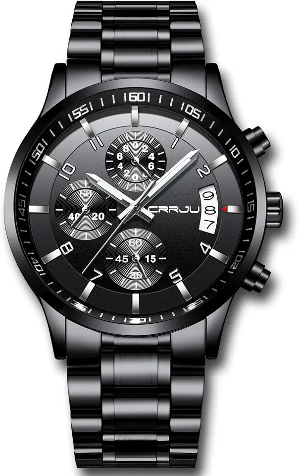 CRRJU Men's Fashion Stainless Steel Black Waterproof Quartz Watch for Men