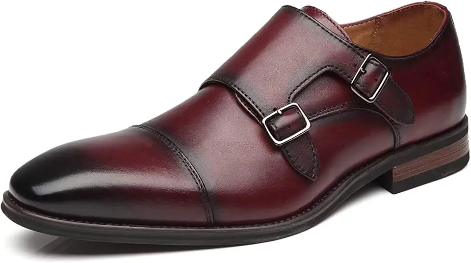 Men's Burgundy Leather Cap Toe Double Monk Strap Dress Shoes