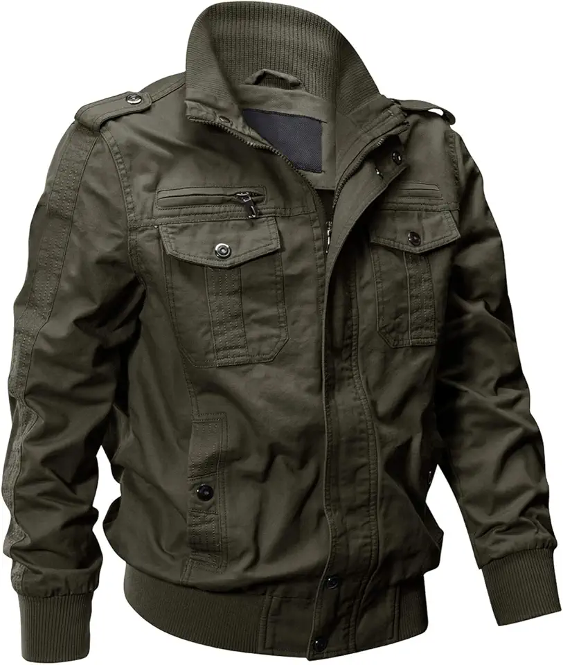 EKLENTSON Men's Cotton Lightweight Multi Pockets Zip Front Stand Collar Military Jackets Windbreaker