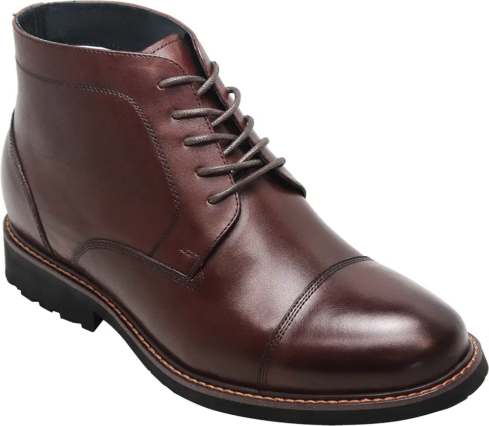CALTO Men's Invisible Height Increasing Elevator Shoes - Dark Brown Leather Lace-up Cap-toe Boots with Inner Faux Fur - 3.2 Inches Taller - Y41081 - Size 9 D(M) US