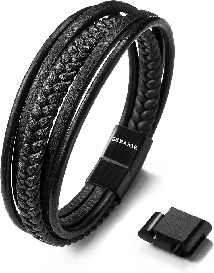 SERASAR Men's Leather Bracelet [Braid], Black & Brown, Various Lengths