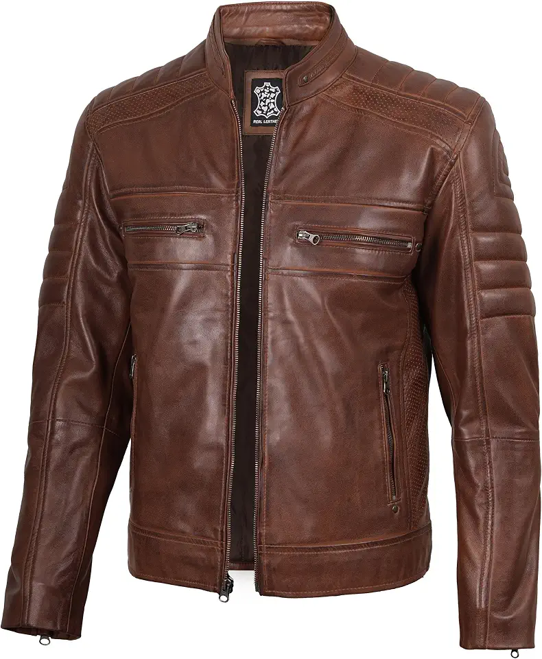 fjackets Cafe Racer Leather Jacket Men - Real Lambskin Moto Style, Stand Collar Zip-Up Leather Jacket for Men