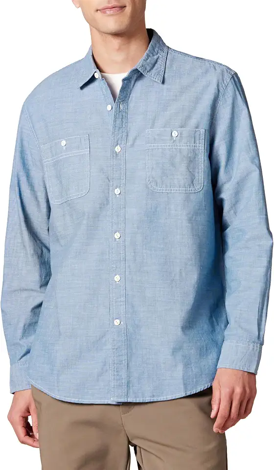 Amazon Essentials Men's Regular-Fit Long-Sleeve Lightweight Cotton Chambray Shirt with Pockets
