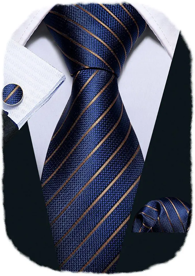Barry.Wang Striped Men Ties Set Silk Necktie Handkerchief Cufflinks
