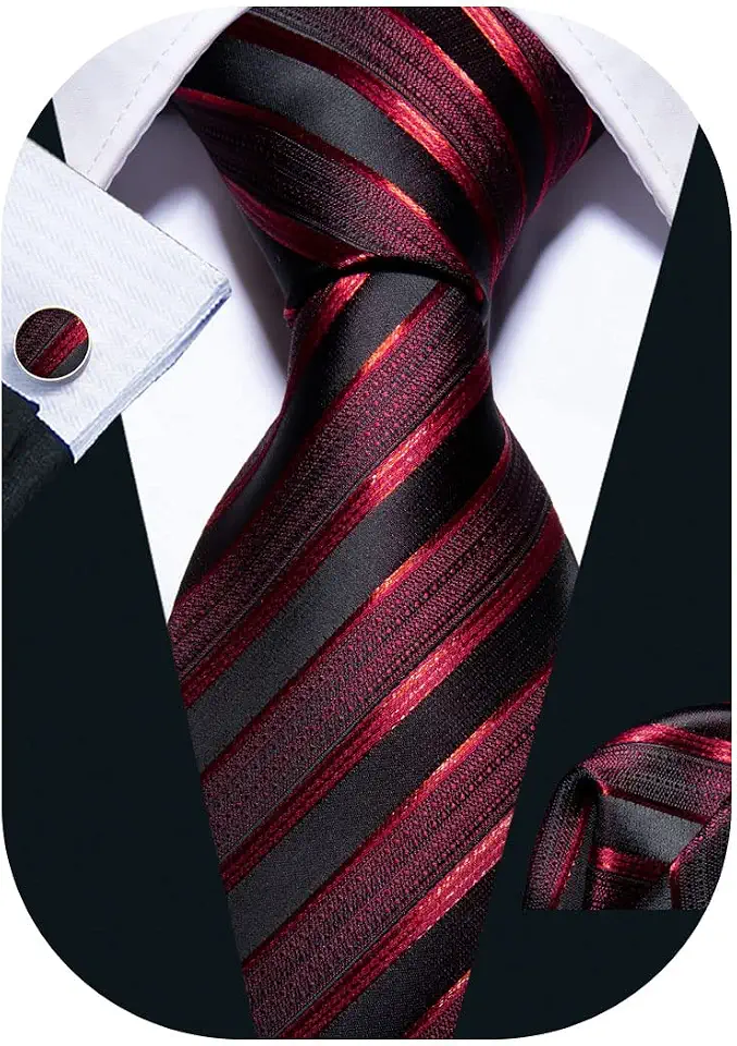 Barry.Wang Striped Men Ties Set Silk Necktie Handkerchief Cufflinks