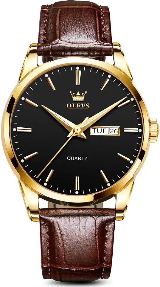 OLEVS Brown Mens Leather Watch Dress Casual Day Date Quartz Wrist Watch