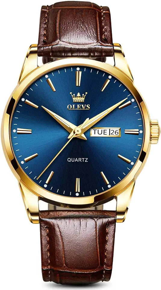 OLEVS Brown Mens Leather Watch Dress Casual Day Date Quartz Wrist Watch