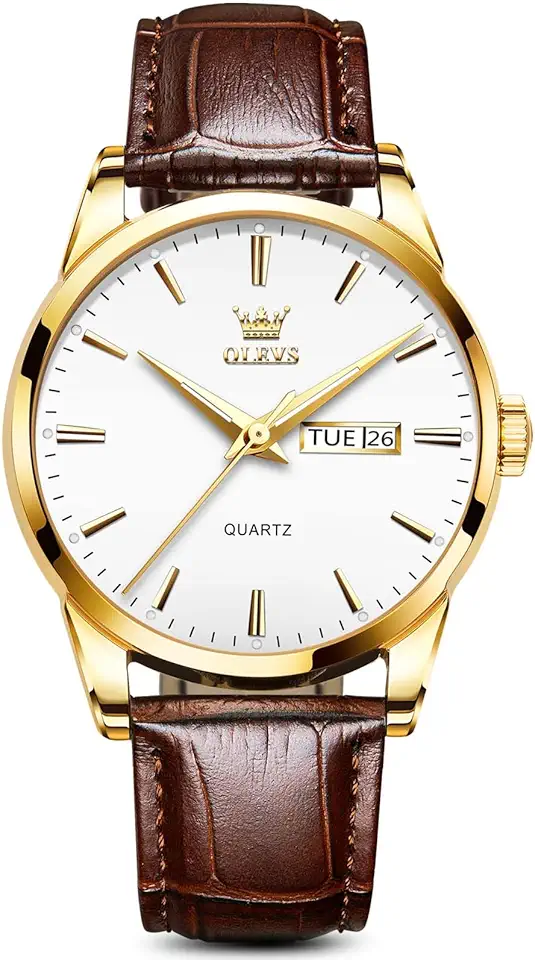 OLEVS Mens Watch Brown Leather Band Dress Watch for Men Quartz Waterproof Men's Wrist Watch 38MM Gold Case Easy to Read Day Date Business Casual Men Watches Gifts for Him Relojes para Hombres