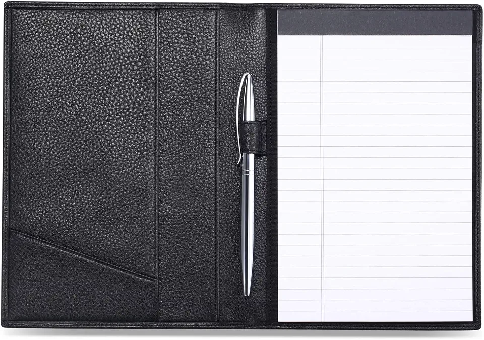 HISCOW Slim Leather Junior Padfolio, 5x8 Notepad Cover, Pebbled Black