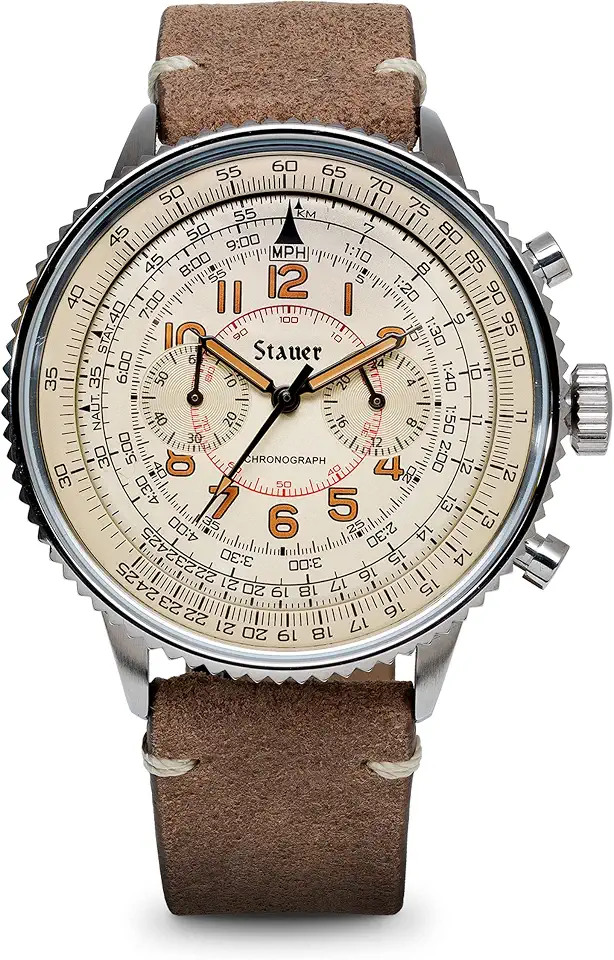 Stauer Co-Pilot Men's Chronograph Watch with Stainless Steel Case and Brown Leather Band
