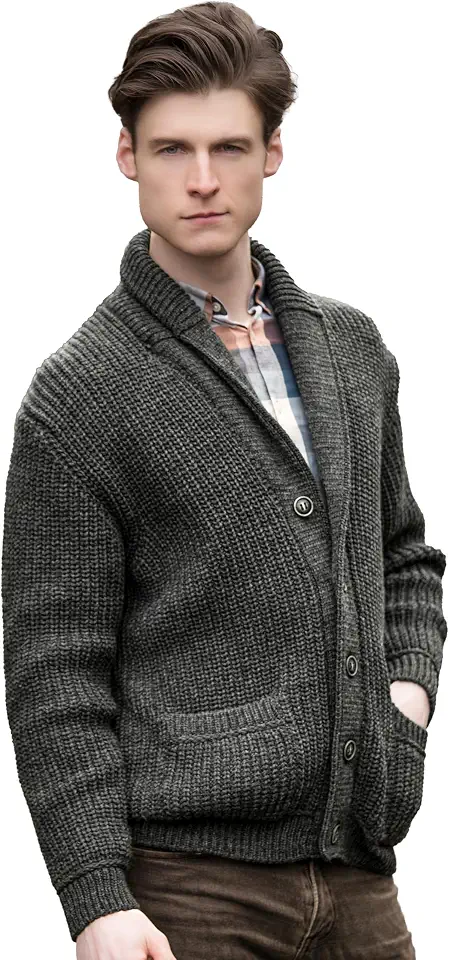 Aran Crafts Men's Irish Cable Knitted Ribbed Shawl Cardigan (100% Merino Wool)