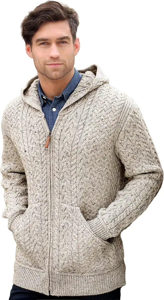 Aran Crafts Irish Men's Cable Knit Hooded Wool Cardigan (HD4821)