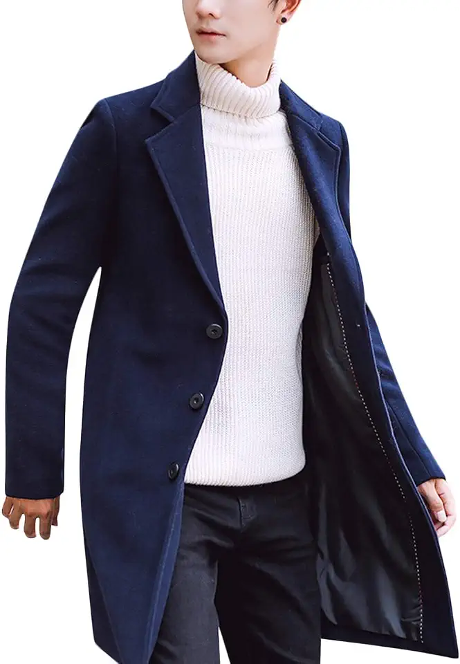 Springrain Men's Wool Blend Pea Coat Single Breasted Overcoat